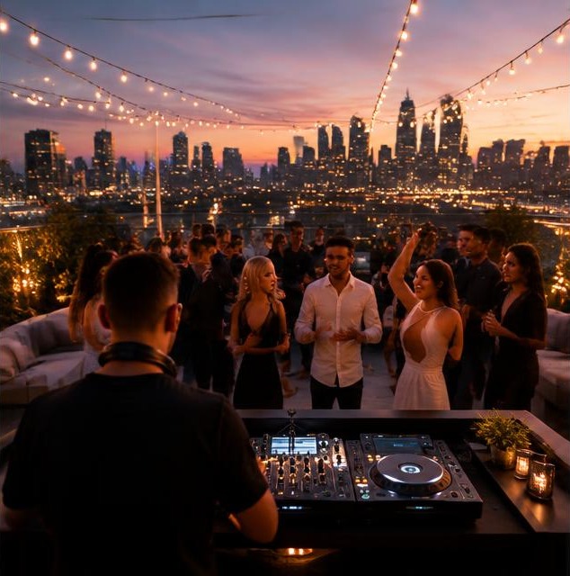 Illustrative photo of a rooftop party with a DJ