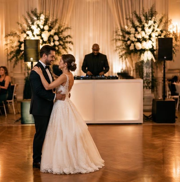 Illustrative photo of a wedding couple dancing with a DJ behind them