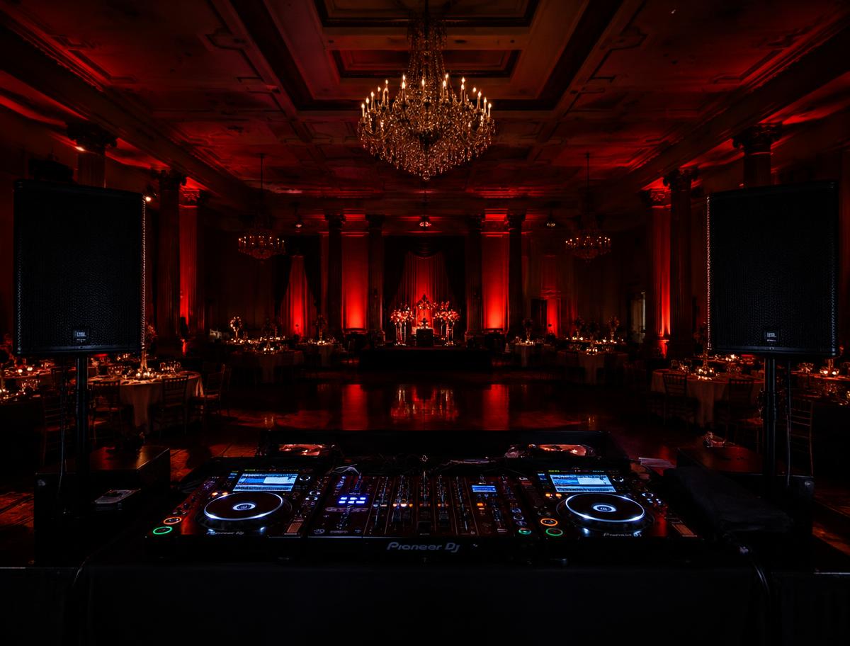 DJ equipment set up in a ballroom
